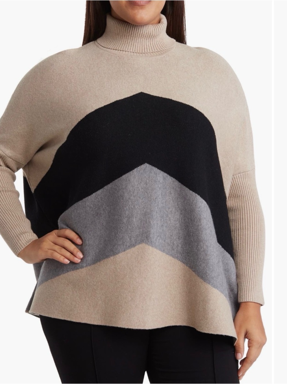 JOSEPH A Women’s 3X Chevron Colorblock Turtleneck Sweater – Beige, Black & Gray